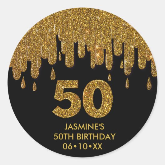 Elegante Glam 50th Verjaardag Gouden Glitter Ronde Sticker (Voorkant)