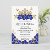 Elegante Glam Blauwe Bloem Gouden Tiara Quinceaner Kaart (Staand voorkant)