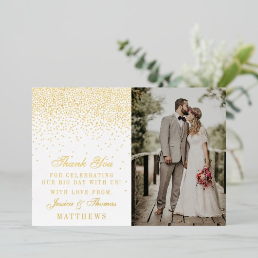 Elegante Glam Confetti trouwfoto dank u echt Folie Uitnodiging (Staand Voorkant)