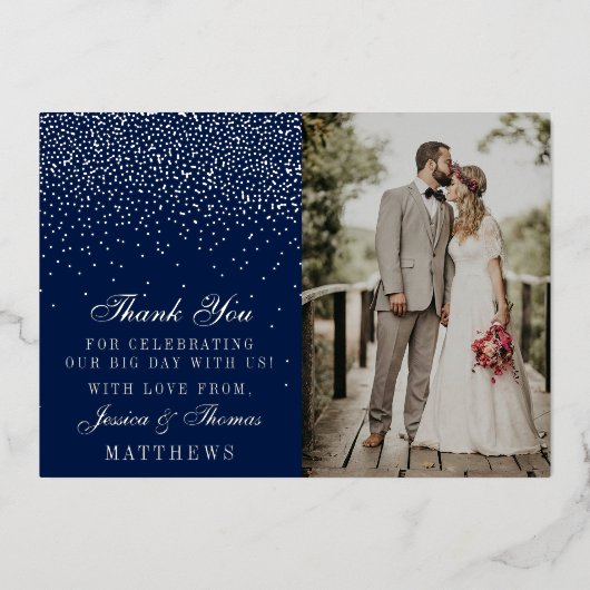 Elegante Glam Confetti trouwfoto dank u echt Folie Uitnodiging (Voorkant)