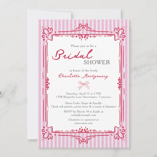 Elegante Glam Frame & Roze Strepen Bruidsfeest Kaart (Voorkant)