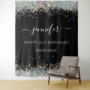 Elegante Glam Holografische Glitter Verjaardag Zwa Wandkleed