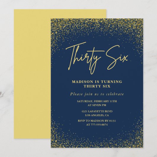Elegante Glam Navy Gold Glitter 36e verjaardag Kaart (Voorkant / Achterkant)