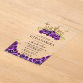 Elegante Glam Paarse Bloemen Goud Tiara Quinceaner Acryl Uitnodigingen (Laagn)