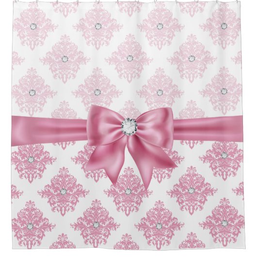 Elegante Glam Pink Bow Diamonds Damask Douchegordijn (Voorkant)