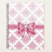 Elegante Glam Pink Bow Diamonds Damask Planner (Voorkant)
