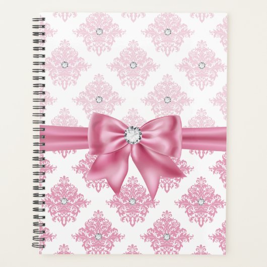 Elegante Glam Pink Bow Diamonds Damask Planner (Voorkant)