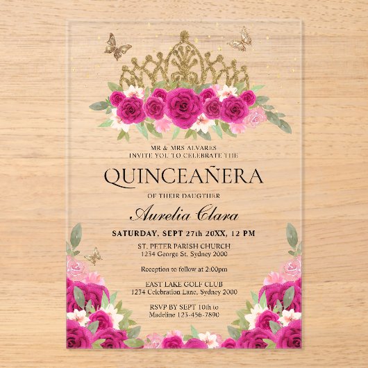 Elegante Glam Pink Floral Gold Tiara Quinceanera Acryl Uitnodigingen (Voorkant)