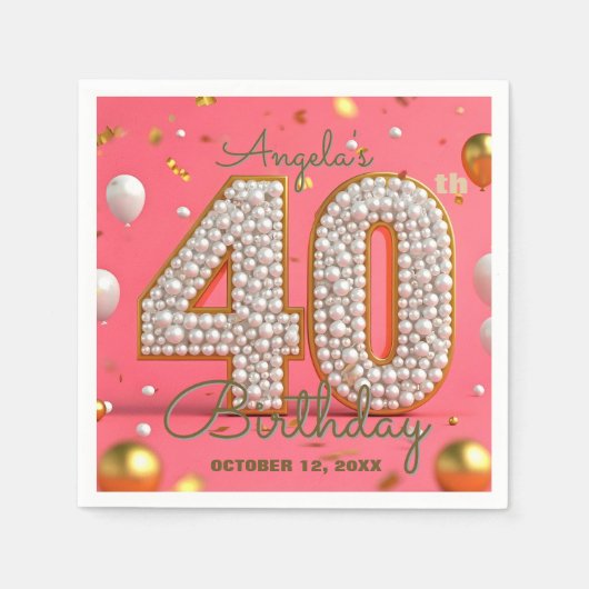 Elegante Glam Pink Gold en Parels 40e verjaardag Servet (Voorkant)