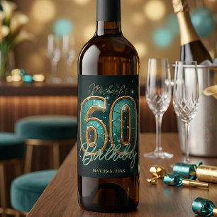 Elegante Glam Teal Goud 60ste Mijlpaal Verjaardag Wijn Etiket