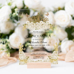 Elegante Glam Witte Bloem Gouden Tiara Quinceanera Acryl Uitnodigingen