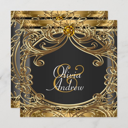 Elegante Glam Zwart en Goud bruiloft Kaart (Voorkant / Achterkant)