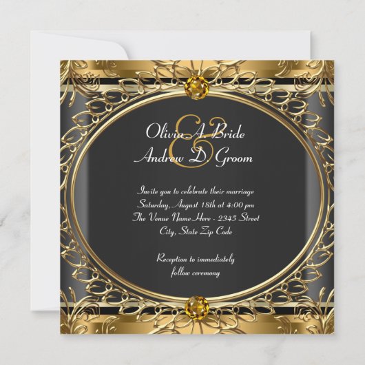 Elegante Glam Zwart en Goud bruiloft Kaart (Achterkant)