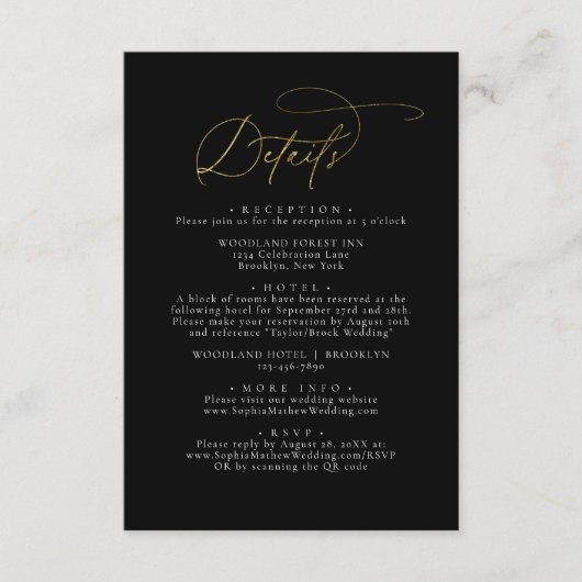 Elegante Glam Zwart en Gouden Bruiloft Details Informatiekaartje (Voorkant)