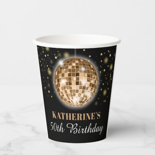 Elegante Glam Zwart Goud 50e Verjaardag Papieren Bekers (Voorkant)
