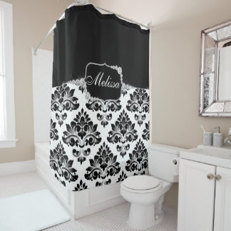 Elegante Glam Zwart Wit Damast Diamanten Douchegordijn
