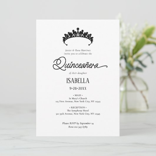 Elegante Glamorous Black & White Quinceañera Kaart (Staand voorkant)