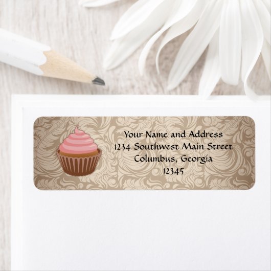 Elegante Glamour Mocha Damask Cupcake Adreslabel Etiket (Insitu)