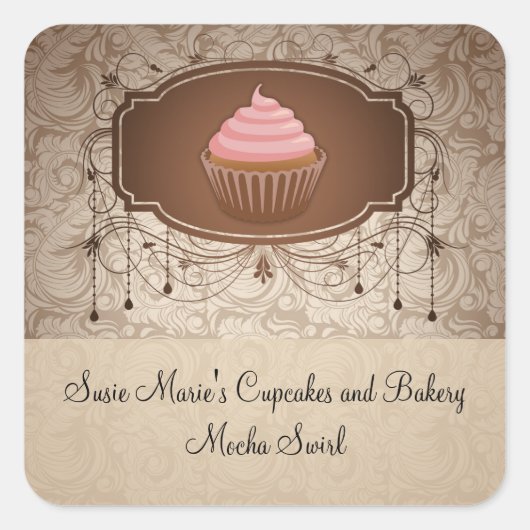 Elegante Glamour Mocha Damask Cupcake Sticker Labe (Voorkant)