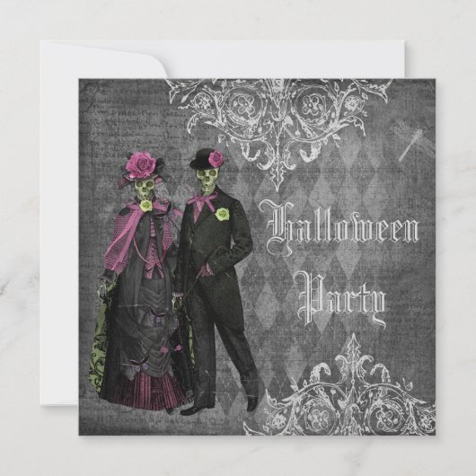 Elegante glamoureuze skeletten Halloween Party Kaart (Voorkant)