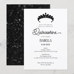 Elegante Glamoureuze Zwarte & Witte Quinceañera Kaart