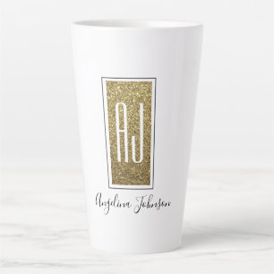 Elegante Glans Goud Glitter Monogram Naam Latte Mok