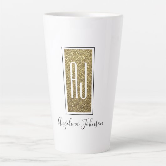 Elegante Glans Goud Glitter Monogram Naam Latte Mok (Voorkant)