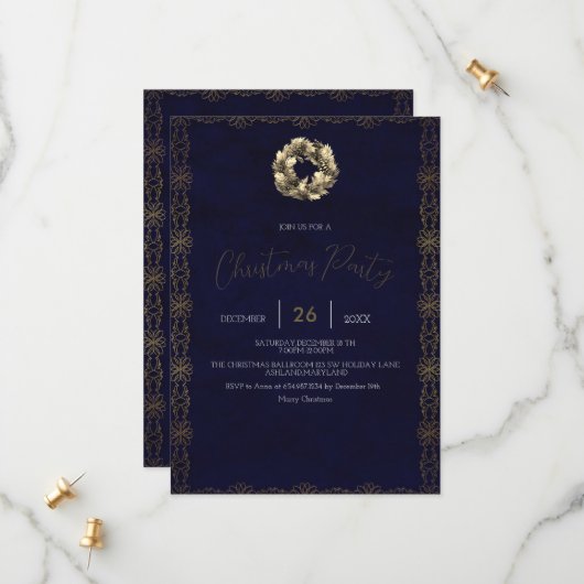 Elegante Glans Navy Blauwe, Versieringen, Sneeuwvl Save The Date (Voorkant / Achterkant in situ)