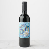 Elegante Glanzende Blauwe en Parel Juwelen 60e Ver Wijn Etiket (Voorkant)