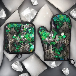 Elegante glanzende glamour greens grijze schijfpai ovenwant & pannenlap set