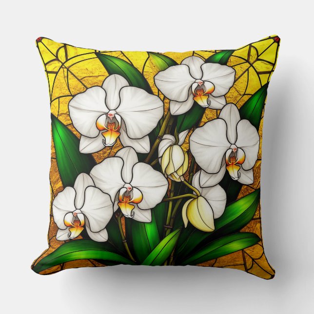 Elegante glas-in-lood witte orchideeën kussen (Voorkant)