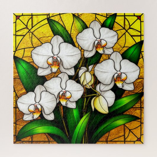 Elegante glas-in-lood witte orchideeën legpuzzel (Verticaal)