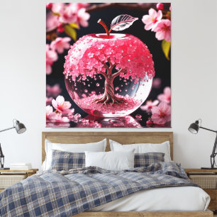 Elegante glazen appel met ingewikkelde kersenbloes canvas afdruk