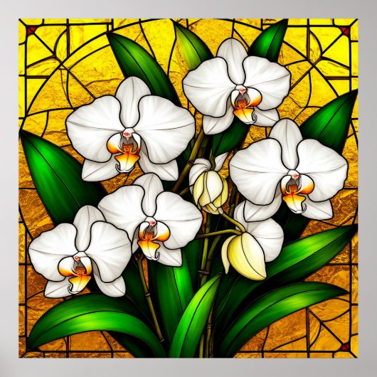 Elegante Glazen in lood witte orchideeën Poster (Voorkant)