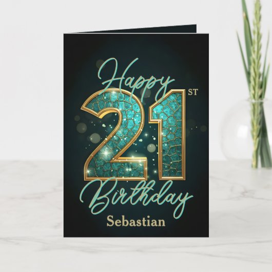 Elegante glinsterende Blauwgroen en gouden 21e ver Kaart (Voorkant)