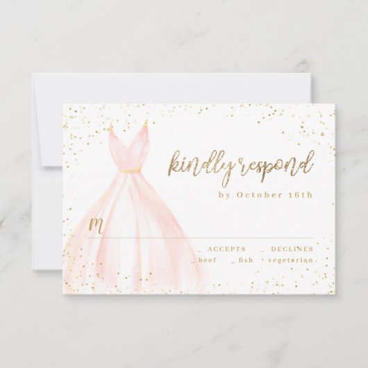 Elegante glinsterende gouden blush jurk quinceañer RSVP kaartje (Voorkant)