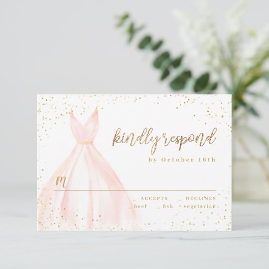Elegante glinsterende gouden blush jurk quinceañer RSVP kaartje (Staand voorkant)