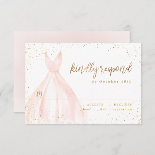 Elegante glinsterende gouden blush jurk quinceañer RSVP kaartje (Voorkant / Achterkant)
