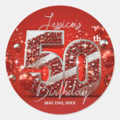 Elegante glinsterende rode en zilveren 50e verjaar ronde sticker (Voorkant)