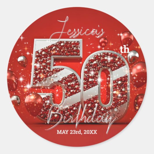 Elegante glinsterende rode en zilveren 50e verjaar ronde sticker (Voorkant)