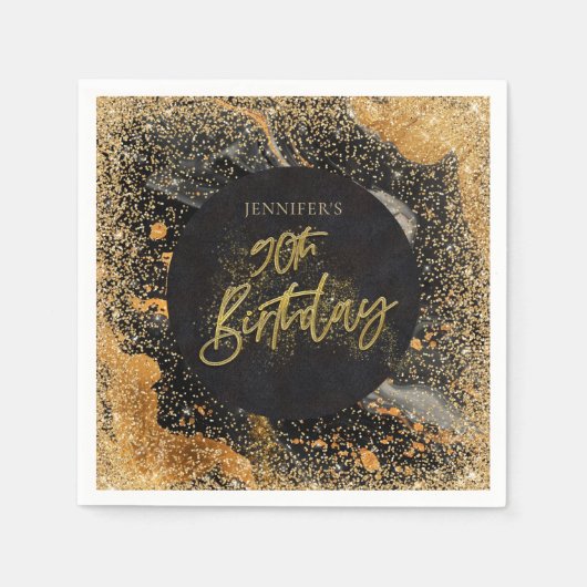 Elegante Glitter 90e Black & Gold Verjaardag Servet (Voorkant)
