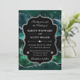 Elegante Glitter Agate Groen & Zilveren Bruiloft Kaart