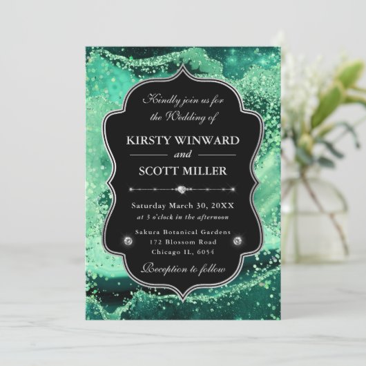 Elegante Glitter Agate Groen & Zilveren Bruiloft Kaart (Staand voorkant)