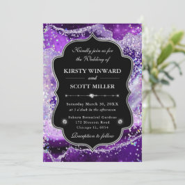 Elegante Glitter Agate Paars & Zilveren Bruiloft Kaart
