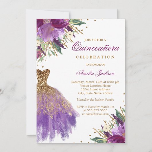 Elegante Glitter Amethist Jurk Quinceanera Kaart (Voorkant)