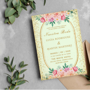 Elegante Glitter Bloem Goud Groen Onze Trouwdag Kaart