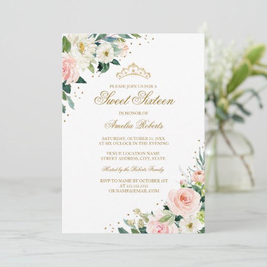 Elegante Glitter Blush Gouden Bloem Sweet Sixteen Kaart (Staand voorkant)