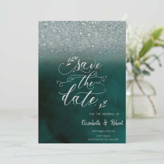 Elegante Glitter Bokeh Green Bewaar de datum Save The Date (Staand voorkant)