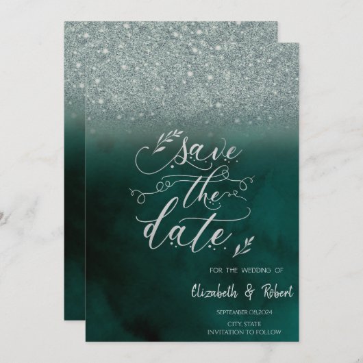 Elegante Glitter Bokeh Green Bewaar de datum Save The Date (Voorkant / Achterkant)