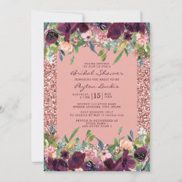 Elegante Glitter Burgundy Roze Bloemachtige Bruilo Kaart